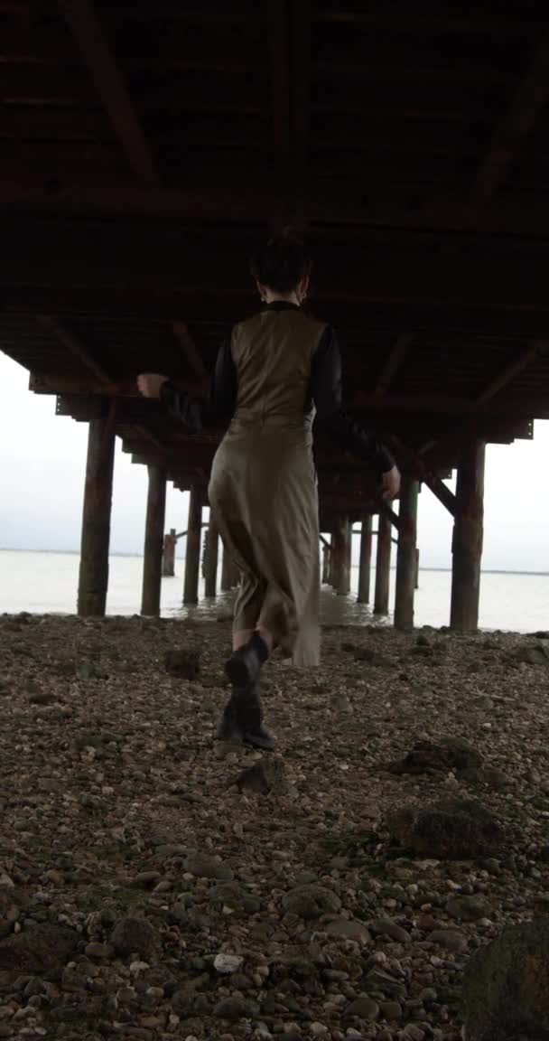 Vertical Video Woman Walks Water Pier Marine — Stock Video