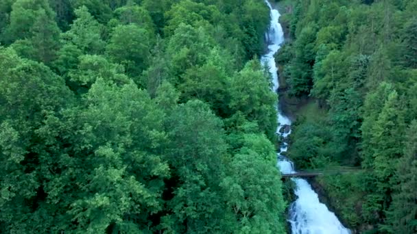 見事な高山の山の滝の上にドローン便 ドローンが森の風景の上を飛ぶとき 水は高山の森の中を流れ落ちる — ストック動画