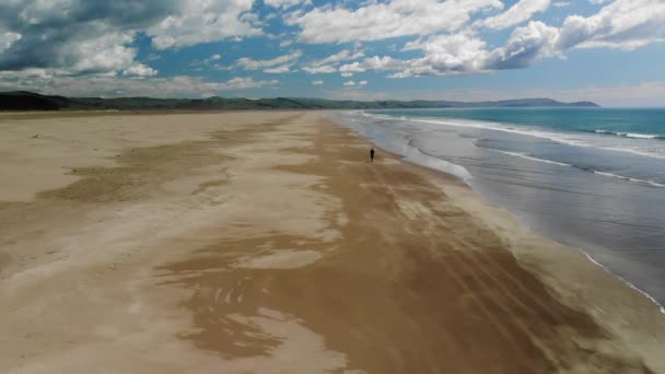 Man Walking Sandy Shore Porangahau Beach New Zealand Engelsk Droneskudd – stockvideo
