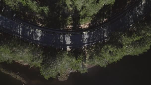 Una Estrecha Carretera Montaña Cerca Lago Montaña Denso Bosque Pinos — Vídeos de Stock