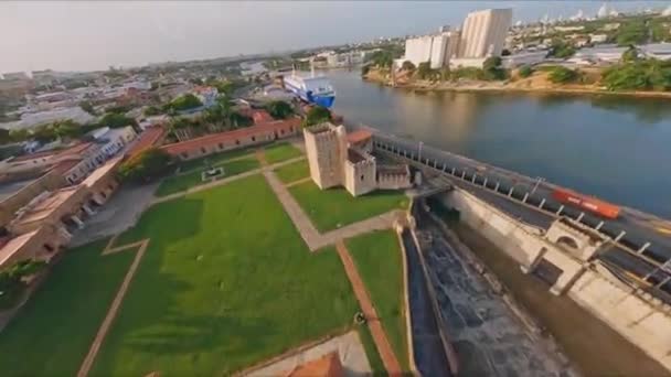 Aerial Flight Showing Ozama River Ozama Fortress Castle Sunset Dynamic — Stock Video