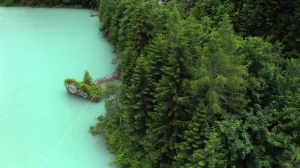 Великолепная Бирюзовая Вода Узкого Горного Озера Гигервальдзе Лесным Берегом — стоковое видео