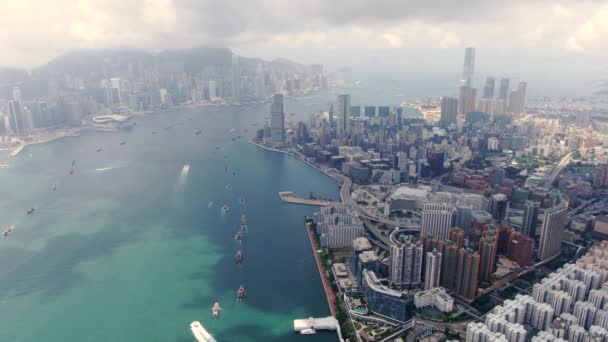由香港维多利亚湾的本地渔船组成 以城市天际线为界 鸟瞰全城 — 图库视频影像