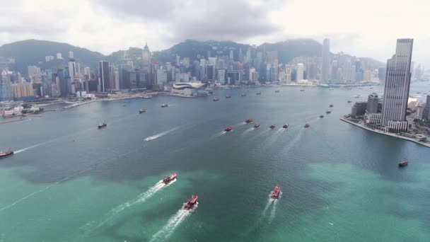 由香港维多利亚湾的本地渔船组成 以城市天际线为界 鸟瞰全城 — 图库视频影像