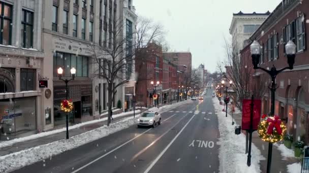 Winter Besneeuwde Scène Kerst Scene Bewolkte Dag Sneeuw Geschept Persoon — Stockvideo