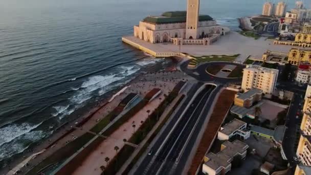 Hasan Camii Nin Havadan Görünüşü Güneş Doğarken Casablanca Fas Eğim — Stok video