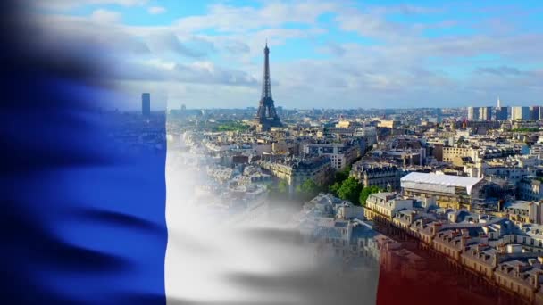 Paisaje Urbano París Torre Eiffel Divididos Con Una Bandera Francia — Vídeo de stock