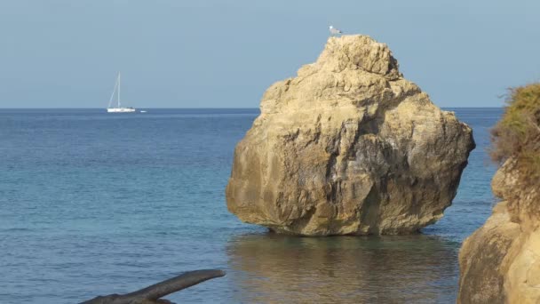 地中海に浮かぶ卵型の岩で 背景には水上を巡航する帆船があります — ストック動画