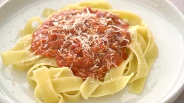 Pork Bolognese Fettuccine Pasta Parmesan Cheese Italian Food Style — Stock Video