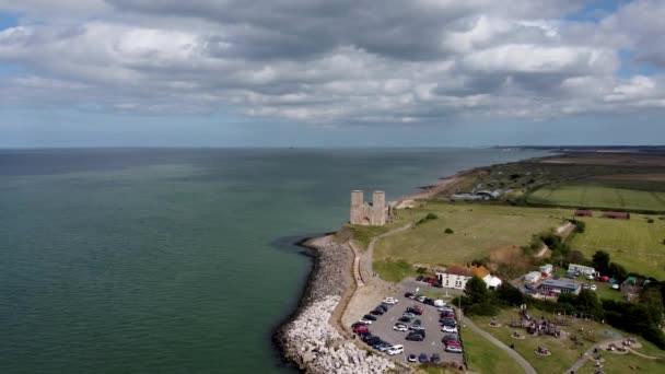 Very Wide High Altitude Drone Shot Reculver Towers Sea Sky — Stock Video