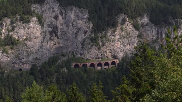 オーストリアのSemmering鉄道で岩の崖の側のトンネルを通る列車 — ストック動画