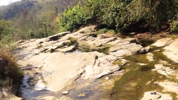 River Water Flows Out Waterfall Rock Mountain — Stock Video