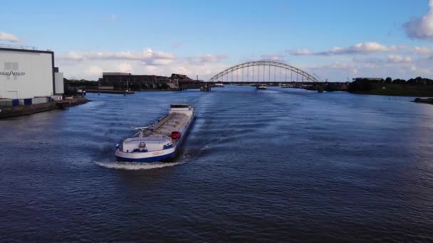 Forward Bow Sibilla Tanker Ship Navigating River Noord Aerial Dolly — Stock Video