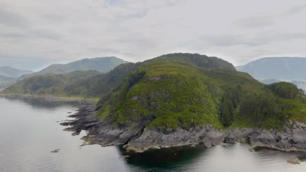 Veduta Aerea Dell Isola Rocciosa Coperta Vegetazione Verde Norvegia Approccio — Video Stock