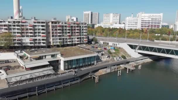 Ascend Aerial Shot Bridge Cars Rhine River Basel Basle Switzerland — Stock Video