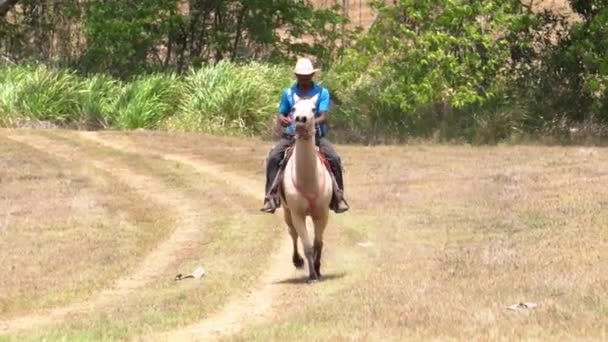 A cowboy in Costa Rica, riding a running horse. Slow motion, from a long shot to a closeup in the same clip.