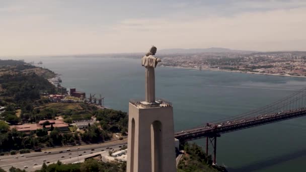 Statue Christ Roi Cristo Rei Almada Surplombant Lisbonne Portugal Vue — Video