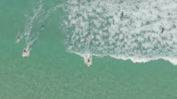 Lucht Uitzicht Toeristen Gezinnen Genieten Van Het Strand Kleine Golven — Stockvideo