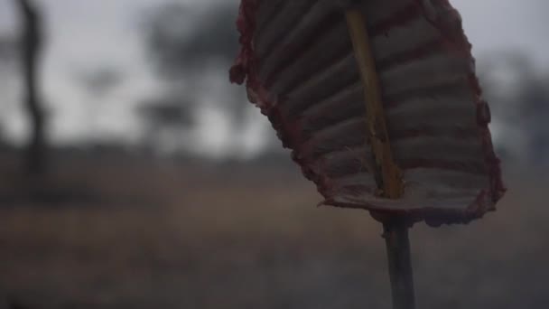 Feche Tiro Pedaço Carne Crua Cozinhada Modo Tradicional Uma Fogueira — Vídeo de Stock