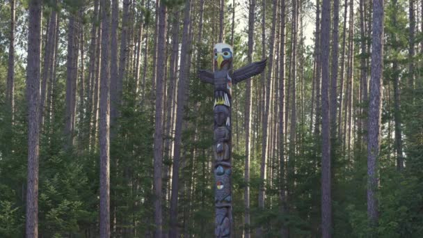 Egy őshonos totemoszlop áll egy erdő között, Algonquin Tartományi Park