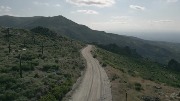 Kręta Droga Gruntowa Prowadząca Przez Góry Krótkimi Krzakami Martwymi Drzewami — Wideo stockowe