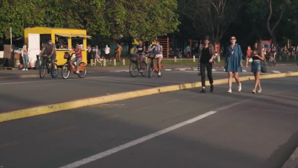 Rua Movimentada Redor Parque Pessoas Andando Apreciando Livre — Vídeo de Stock