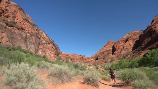 Молодая Одинокая Женщина Идущая Тропе Пустыни Песчаными Холмами Ред Рок — стоковое видео