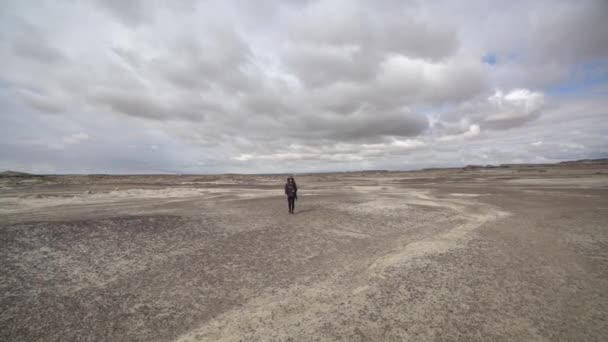 Young Woman Walking Dry Desert Land Bisti Badlands Zin Wilderness — Stock Video