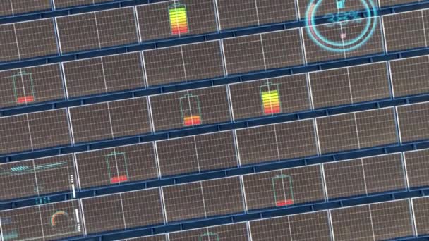 Carregamento Símbolos Bateria Com Porcentagem Crescente Fundo Célula Solar Aérea — Vídeo de Stock