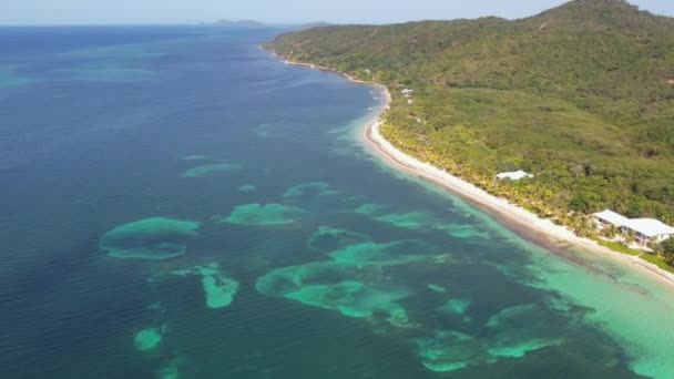Vista Aérea Praia Areia Branca Tropical Recife Coral Água Mar — Vídeo de Stock