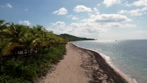 Légi kilátás trópusi fehér homokos strand és türkiz tiszta tengervíz kis hullámok és pálmafák erdő. Roatan sziget, Atlantida, Honduras. Utazási trópusi fogalom.
