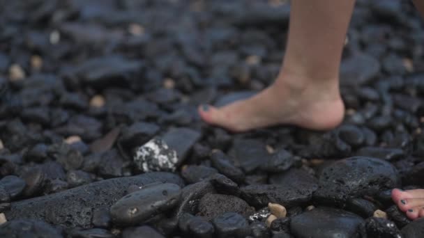 Menina Caminhando Sobre Praia Vulcânica Preta Com Pequenas Ondas Fuerteventura — Vídeo de Stock