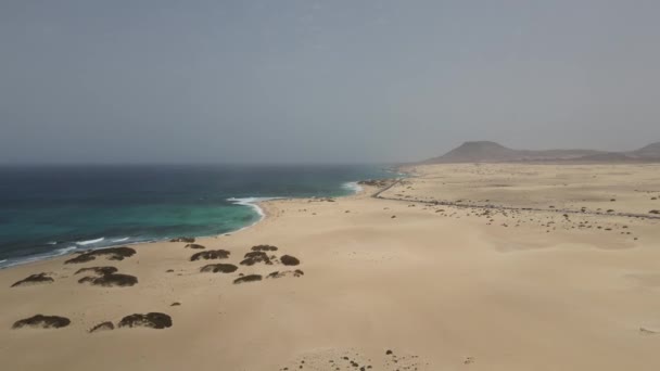 Drone Aéreo Tiro Das Dunas Deserto Praia Fuerteventura Nas Ilhas — Vídeo de Stock