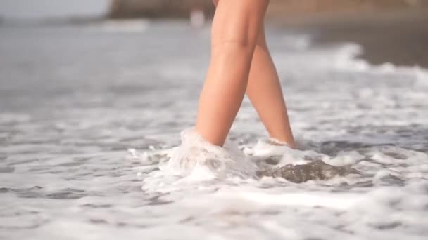 Menina Caminhando Sobre Praia Vulcânica Preta Com Pequenas Ondas Fuerteventura — Vídeo de Stock