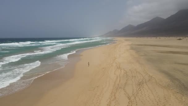 Fuerteventura Kanarya Adasında Geniş Beyaz Bir Plajda Büyük Dalgalar Arka — Stok video