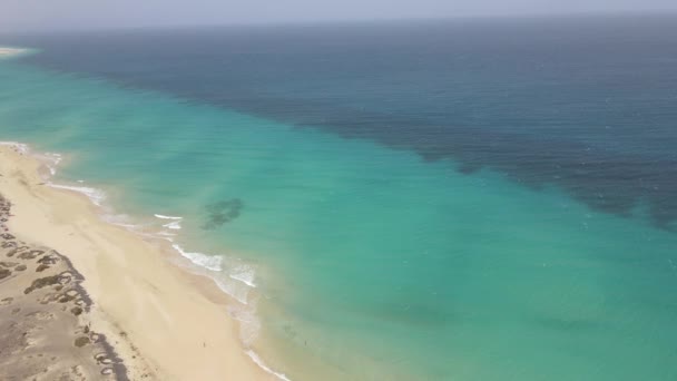 Drone Aereo Una Bella Spiaggia Con Acqua Limpida Fuerteventura Nelle — Video Stock