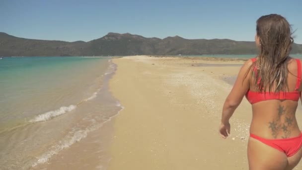 ラングフォード島の砂の上にビキニを身に着けている入れ墨の女の子唾 ウィットサンデー島国立公園 Qldオーストラリア — ストック動画