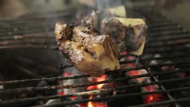 Vlees Grilled Charcoal Griller Met Rook Sluiten — Stockvideo