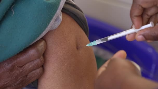 Slow Motion Close Shot Hypodermic Syringe Needle Puncturing Skin Person — Stock Video