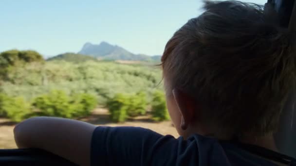 Mladý chlapec sledování horské scenérie projít auto okno na výlet