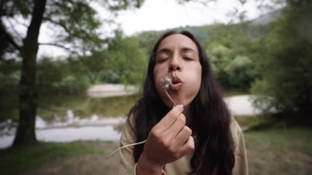 可爱的混血女人吹散蒲公英的种子 享受大自然 大大的微笑 — 图库视频影像