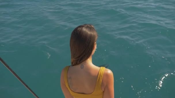 澄んだ青い海の下で魚が泳ぐのを見る美しい女性 クイーンズランド州のウィットサンデー諸島 高い角度 — ストック動画