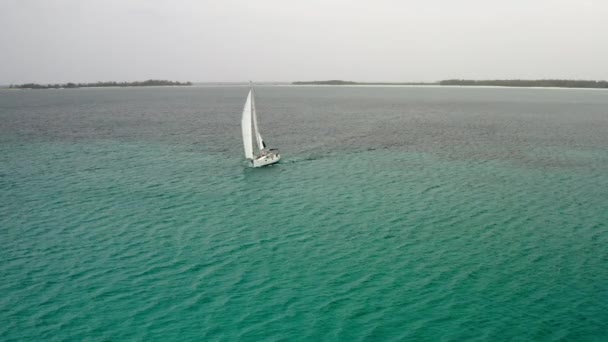 Żaglówka Białym Kadłubem Żaglówka Tyłu Plaży Odległym Widokiem Wyspy Bahamach — Wideo stockowe