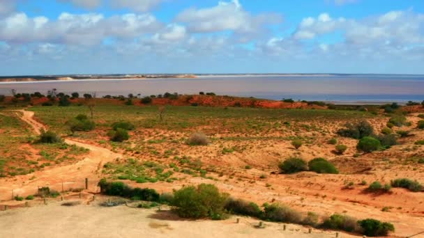 停放在澳大利亚维多利亚州半干旱海岸景观上的汽车 空中后撤 — 图库视频影像