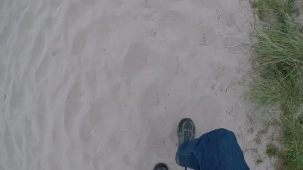 在一个寒冷的冬日下午 在俄勒冈州海岸的沙丘上行走的脚步声录像 — 图库视频影像