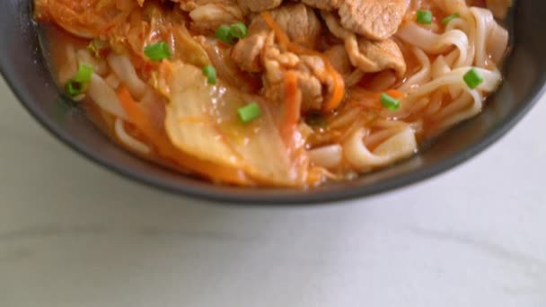 Korean Udon Ramen Noodles Pork Kimchi Soup Asian Food Style — Stock Video