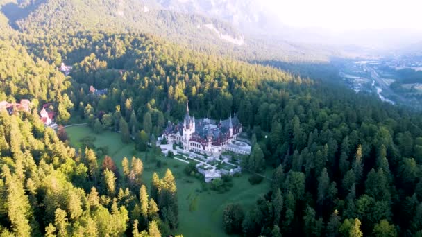 Majestätische Burg Von Peles Umgeben Von Grünem Wald Der Gegend — Stockvideo