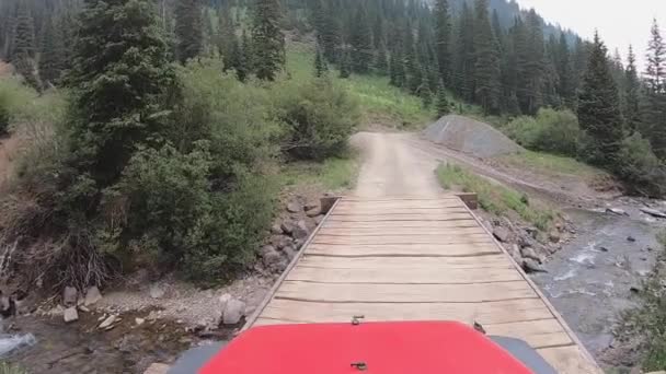 Véhicule Roues Motrices Traverse Pont Bois Dessus Ruisseau Sneffel Dans — Video