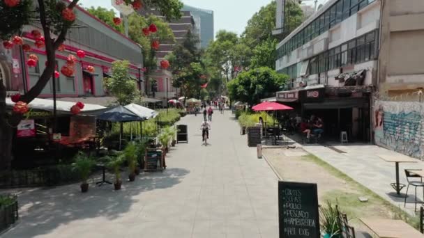 Luchtfoto Dolly Boven Openbaar Plein Plaza Aan Lokale Winkelfront Condesa — Stockvideo