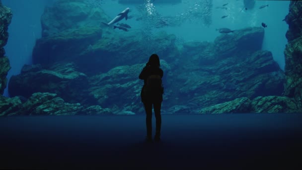 Girl Taking Pictures Fishes Umino Mori Aquarium Sendai Prefecture Japan — стокове відео